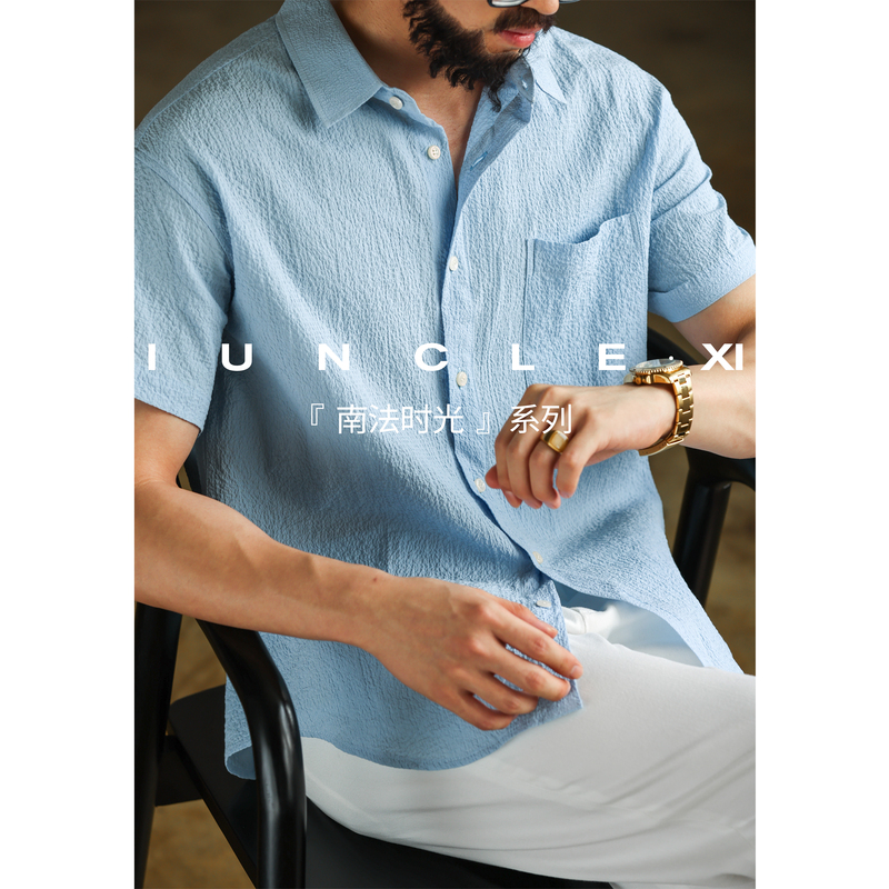 Iunclexi/Xishu【Breathable Cotton】Lightweight Bubble Gauze Short-Sleeve Shirt Men's Summer Casual Shirt