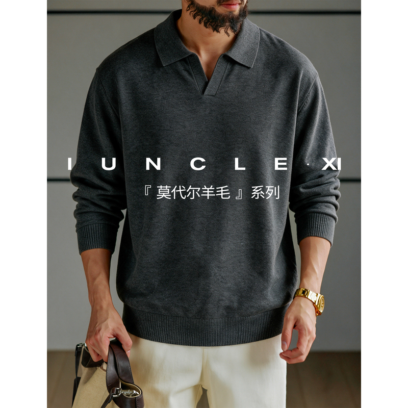 Iunclexi [Modal Wool] Old Money Seagull Collar Loose Knit Polo Shirt Long Sleeve Sweater for Men
