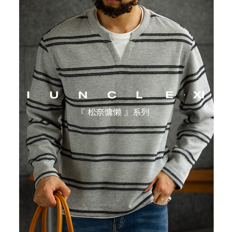 Iunclexi【Songna Lazy】Rabbit Fur Jacquard Striped Long Sleeve Fake Two-Piece T-Shirt for Men, Comfortable Casual Top