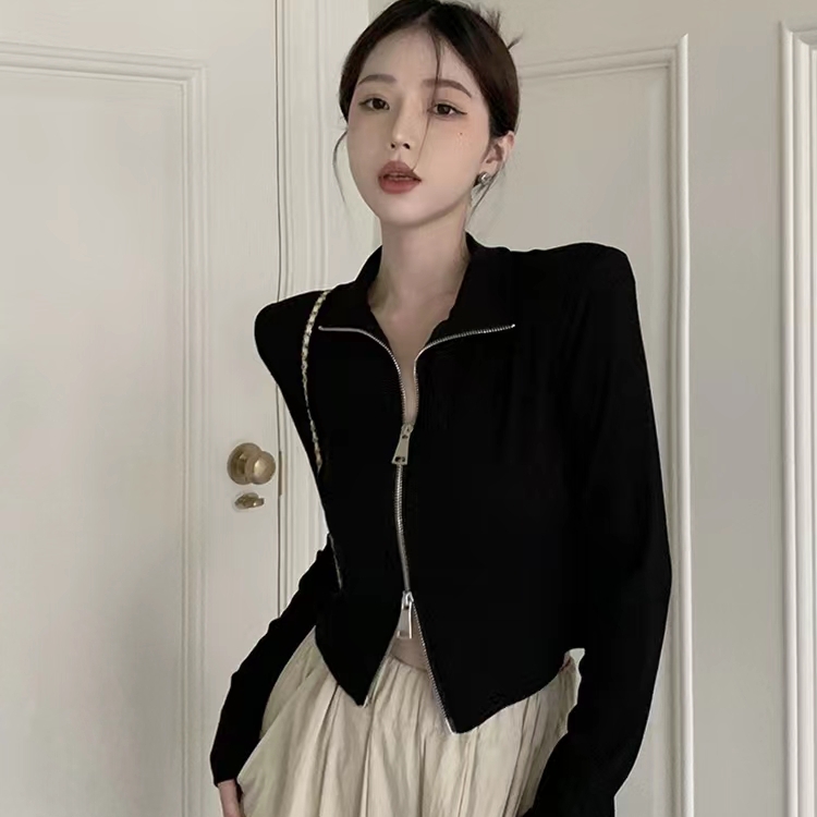 XUJING黑色双拉链外套短款上衣