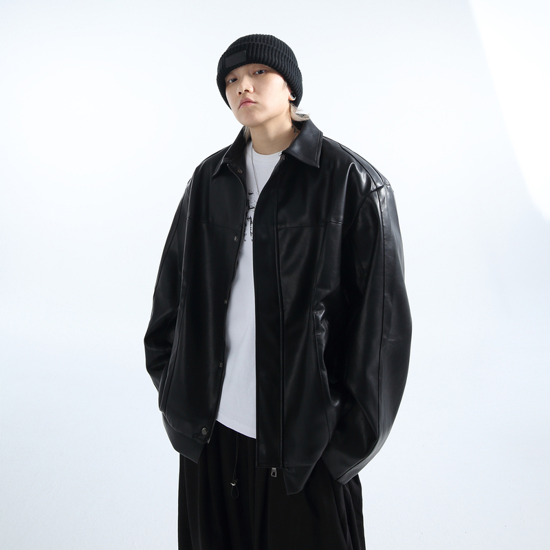 「Grnl」Cocoon-Shaped Segmented Three-Dimensional Tailoring Vintage Washed Distressed Biker Leather Jacket
