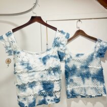 Yunnan handmade dye French style hollowed-out harness small-shirt female collarbone square collar knit sleeveless short blouse felt strip summer