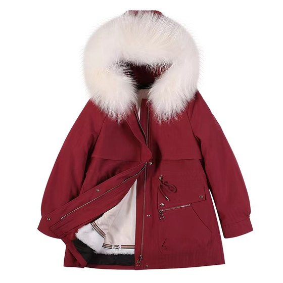 New Rex Rabbit Fur Pie Overcome Mid-Length Detachable Real Raccoon Fur Collar Young Fur Jacket Women's Winter Fashion Coat