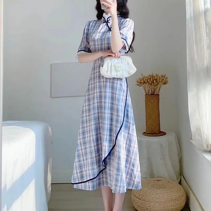 Plaid Cheongsam-Style Improved Dress for Women, New Summer Model, Youthful Retro Republic of China Style, Plus Size 150kg Dress That Covers the Body Plaid Cheongsam-Style Improved Dress for Women, New Summer Model, Youthful Retro Republic of China Style, Plus Size 150kg Dress That Covers the Body