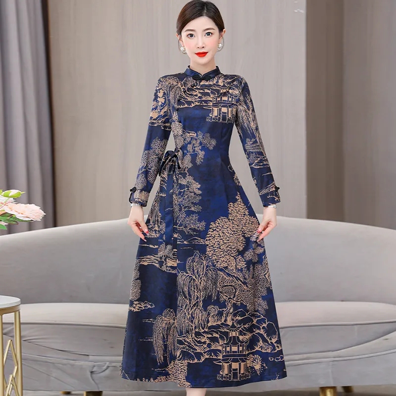 Spring, Autumn, and Winter New Chinese-Style Plus-Size Women's Clothing 150kg Mid-Length Dress New Improved Cheongsam Dress That Covers the Belly