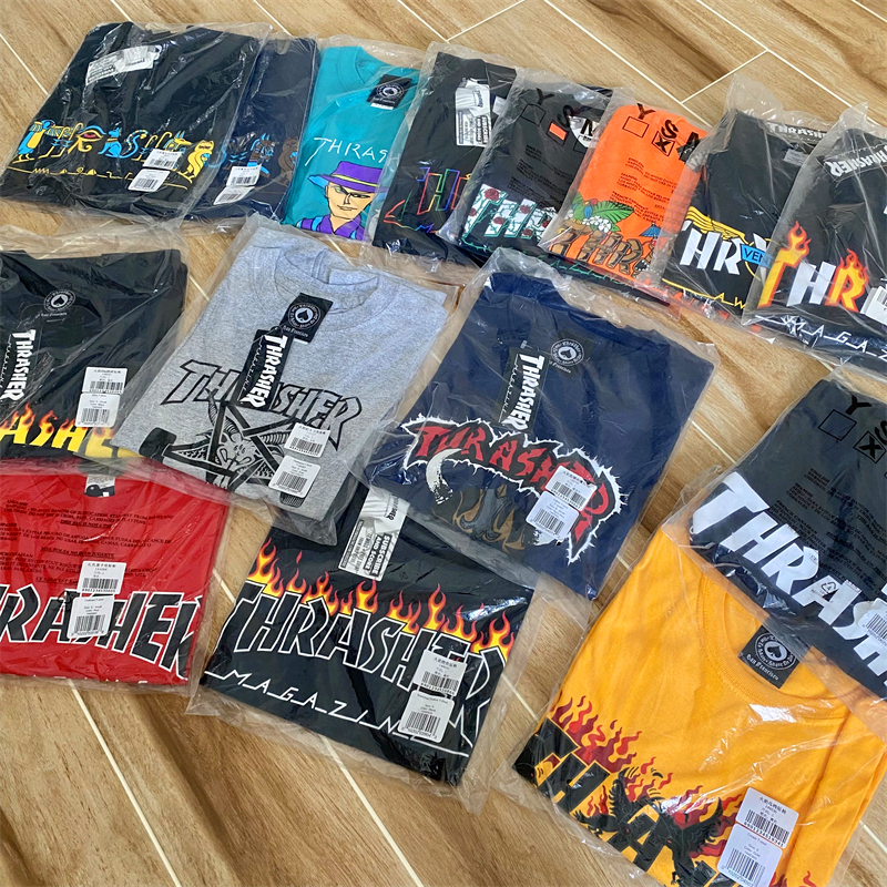 [Super Special Clearance] Thrasher Us Version Flame Basic Letter Colorful Laser Rose Short Sleeve T-Shirt