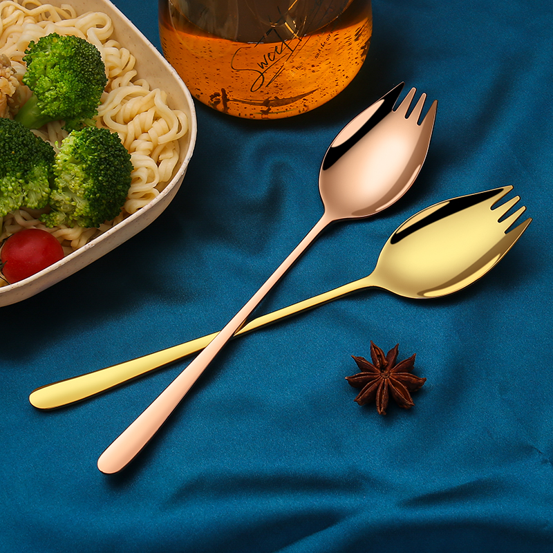 Fork and spoon integrated 304 stainless steel salad fork spoon cute dessert dual-use long handle salad fork spoon instant noodle spoon