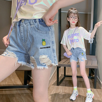 Summer dress girls denim shorts set summer 2021 new foreign atmosphere big children wear hole denim pants