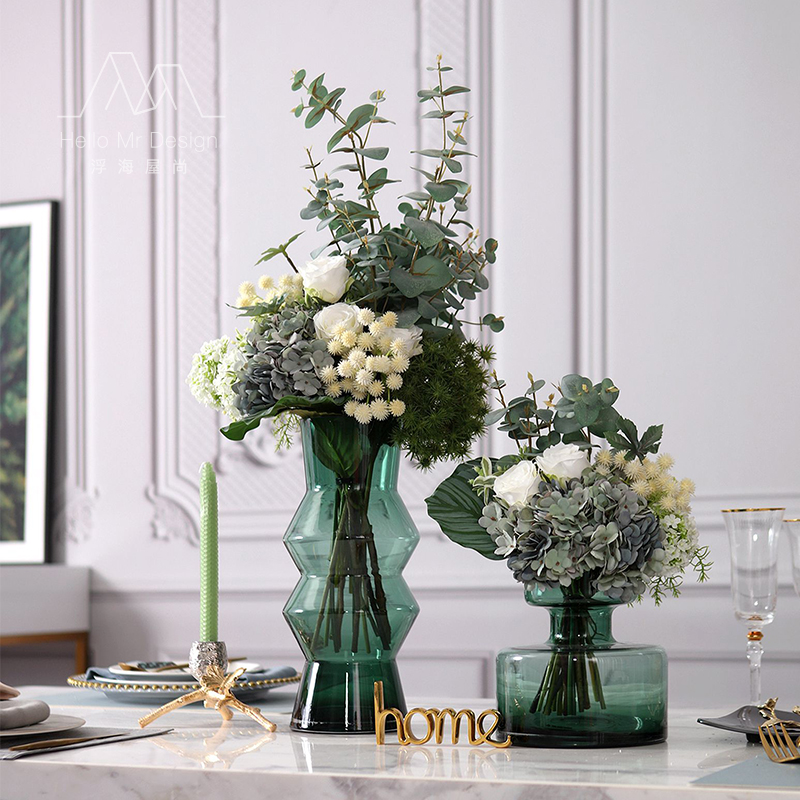 Q European-style dark green glass vase flower art combination modern light luxury creative model room dining table simulation flower decoration