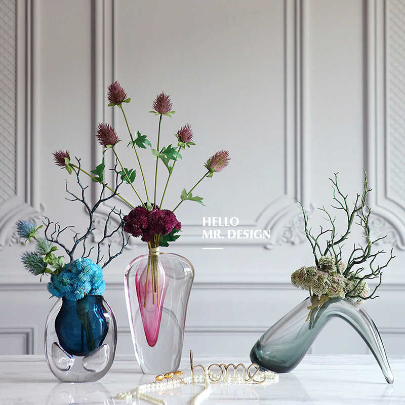 现代简约艺术玻璃花瓶花艺创意轻奢样板间餐桌装饰仿真花艺插花器