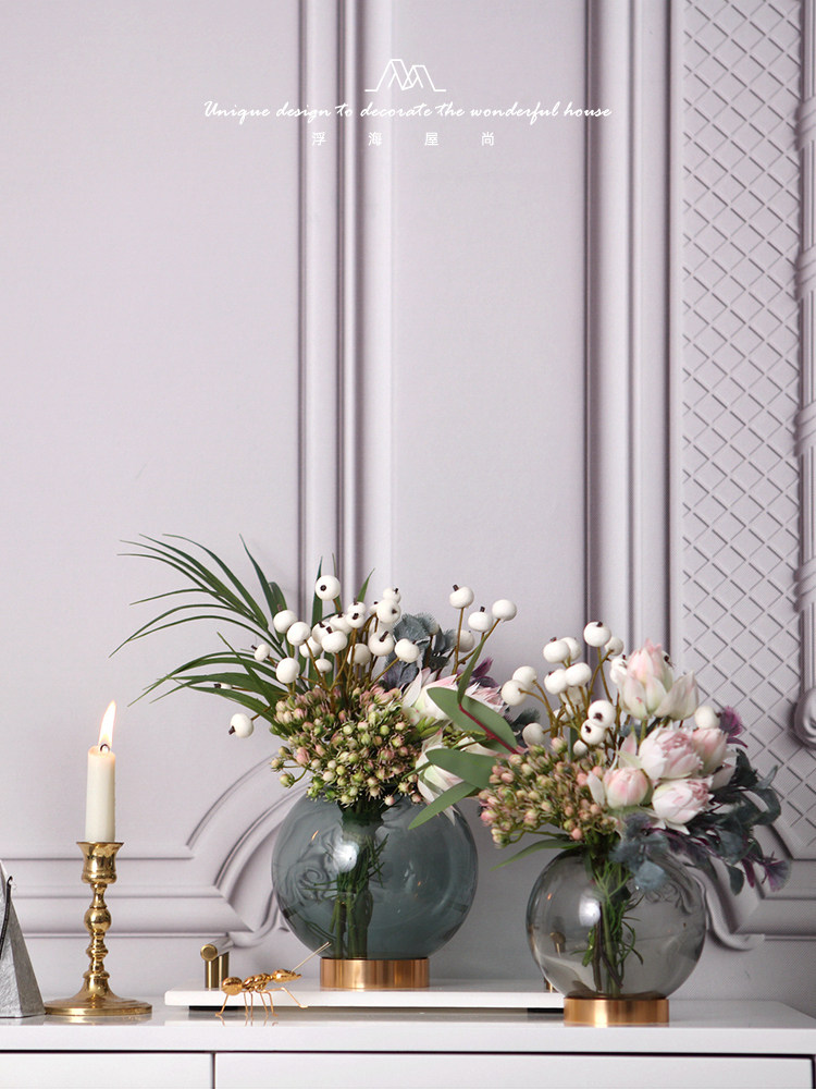 European-style modern artificial flowers fake flowers gold-bottomed spherical glass vase set designer dining table light luxury floral decoration