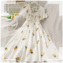 2020 new high waist long pineapple print beautiful back big swing dress children summer strawberry lace-up dress