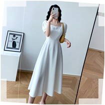 Hepburn small white skirt female summer New temperament gentle wind Super fairy white square collar dress high waist slim long skirt