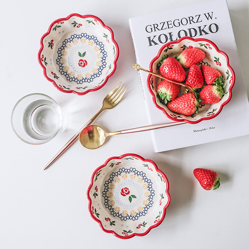 Ceramic tableware on wood Cherry Bowl single creative fruit salad bowl dessert bowl cute breakfast rice bowl home