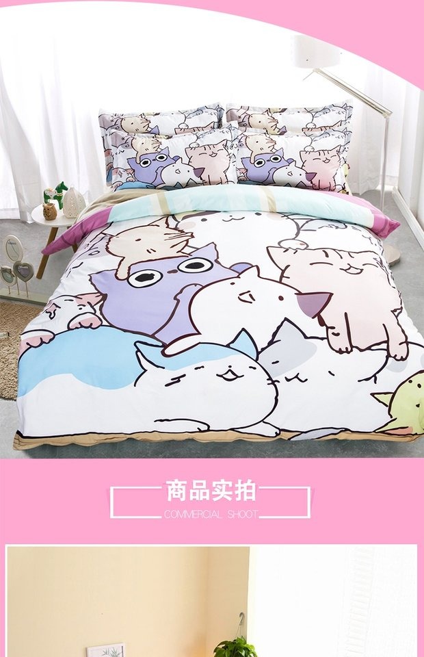 Mèo dễ thương phim hoạt hình gia đình bốn 1,5m tấm giường chà nhám áp dụng doanh nghiệp giường ký túc xá Single Suite - Bộ đồ giường bốn mảnh chăn ga forever
