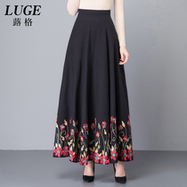 2021 Spring and Autumn New Embroidery Ethnic Wind Half-Body Long Skirt Womens Long A- line dress Size Slim Embroidered Dress
