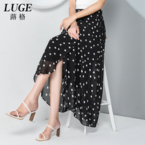 Polo dot skirt womens summer chiffon one-piece wrap skirt flowing long ruffle skirt polka dot lace-up dress