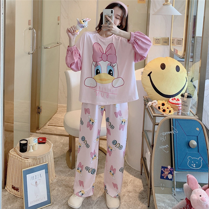 Long Sleeve Pyjamas Woman Spring Autumn Season Pure Cotton Home Suit Loose Large Size Code Fat Mm Students Cute Autumn And Winter Days Thin