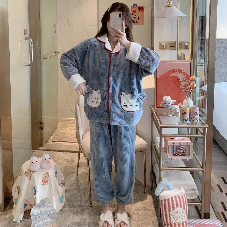 2021 new autumn and winter large size 200 jin cardigan pajamas women's coral fleece thickened plus fleece homewear suit