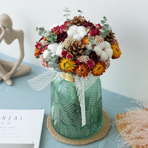 Handheld flower bouquet dried flower light luxury home furnishings real flower New House gift living room Emerald vase table decoration