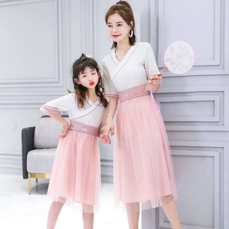 Quần áo mùa hè cho cha mẹ trẻ em 2020 mới và cải tiến Phong cách Trung Quốc Hanfu thanh lịch phụ nữ Quạt lưới thêu quần áo phụ nữ - Trang phục dành cho cha mẹ và con