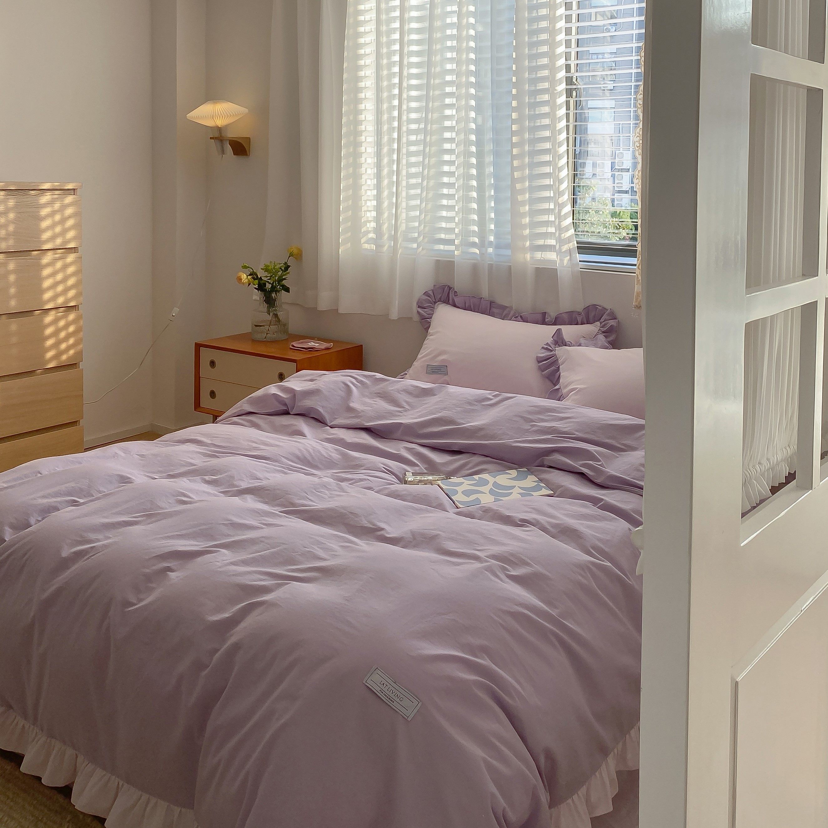 Nordic ins foreign pie Taro purple colored water washing cotton cotton cotton nude sleeping four-piece solid color quilt cover bed sheet bed hat