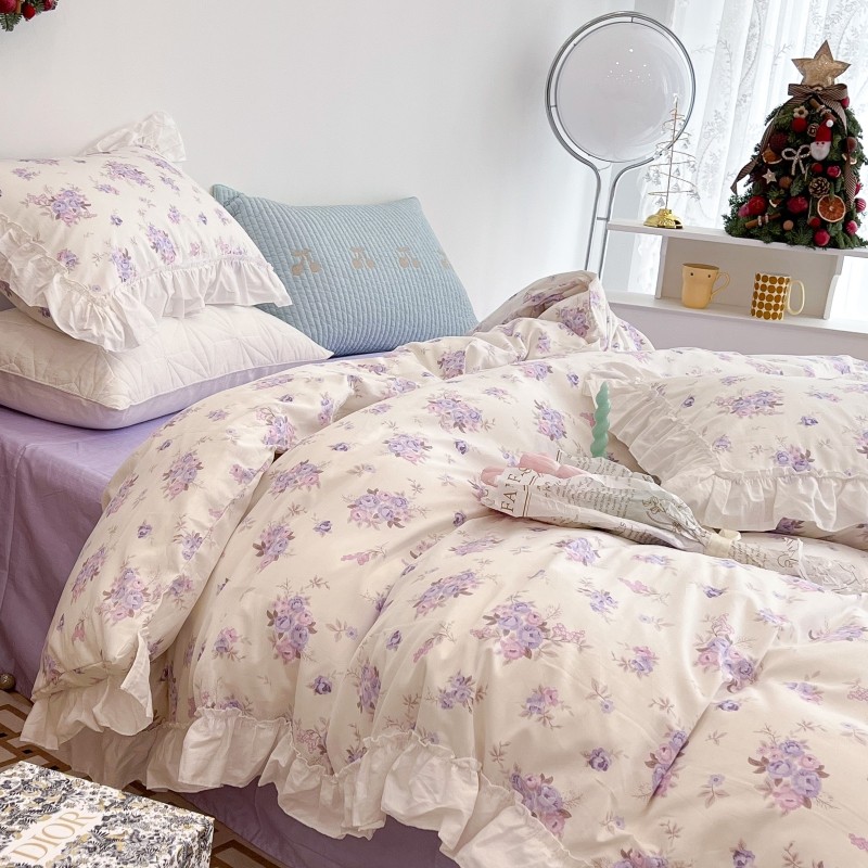 ins wind Korean tantric garden small crumple lace pure cotton bed four sets of young girl hearts full cotton purple sheet quilt cover 1 8