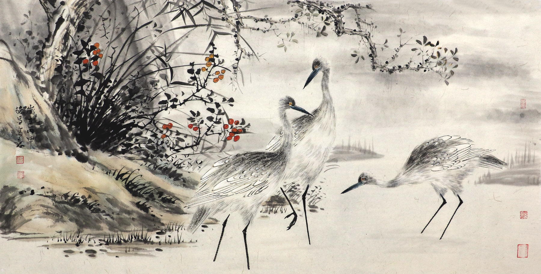 酒井抱一筆　絹本彩色画　花鳥画【水鳥之図】肉筆落款【必携落款字典】模写　NO57 酒井抱一筆 絹本彩色画 花鳥画【水鳥之図】肉筆落款【必携落款字典】