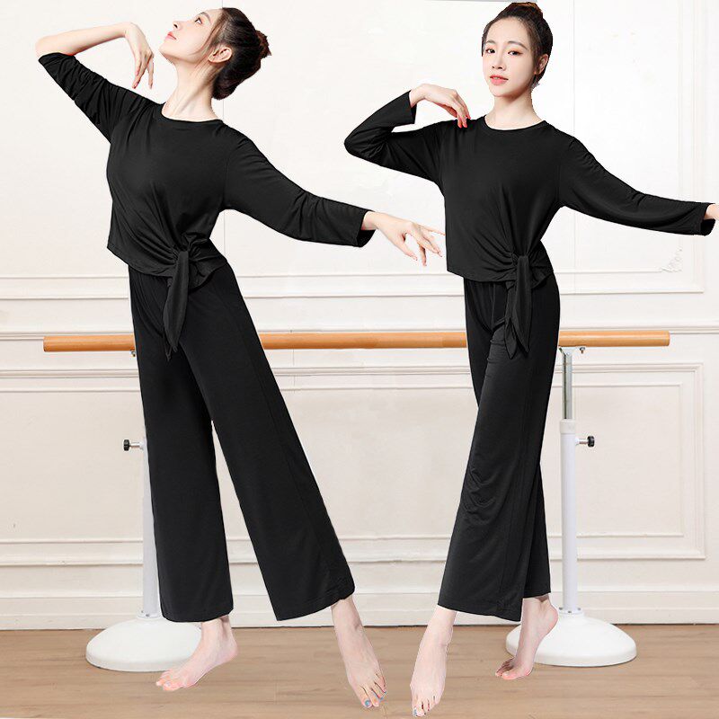Dance dress female art form training clothing modern loose black tops broad legs and dance trousers practice suit~