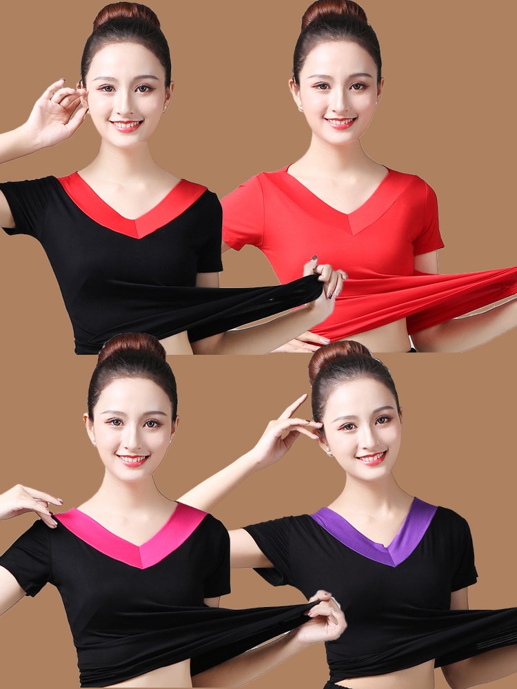 Middle Aged Square Dance Clothing Women V Collar Blouses New Modale T-shirt Dancing Clothes Dance Short Sleeve Practice ~