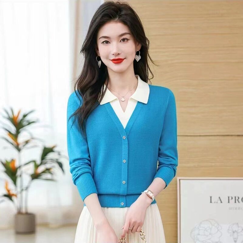 Fake Two-Piece Polo Collar Knit Sweater for Women, New Autumn and Winter Color-Blocking Slimming Warm Korean Style Short Base Shirt