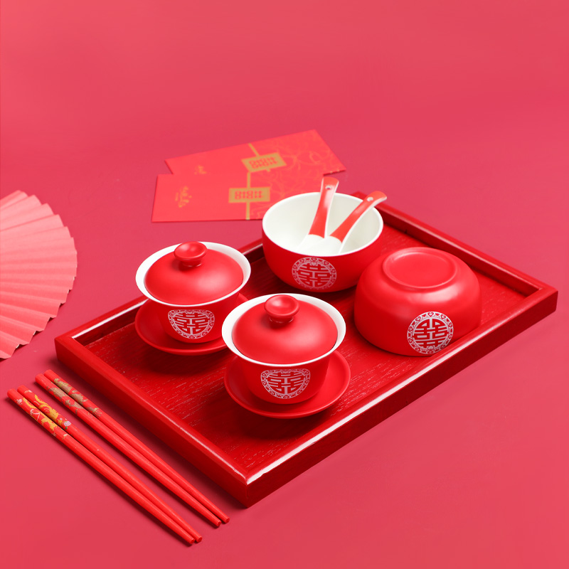 Toast Tea Cup Wedding Tea Set Group Change of Joy Bowl Wedding Bowls wedding bowls Chopsticks Gift Boxes Fine Red 6 pieces of Wedding Gifts