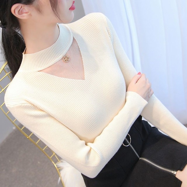 Knitted sweater spring new women's half turtleneck mesh hollow top slim tight short style inner sweater bottoming shirt