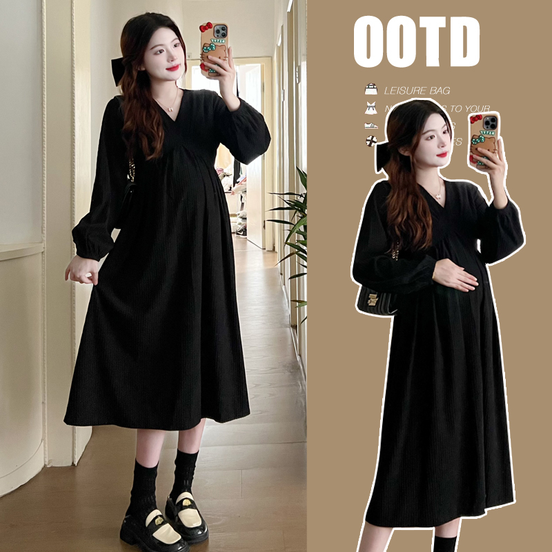 Maternity Wear Spring Dress 2026 New Style French Hepburn Style Black Long Dress Spring and Autumn Style Maternity Dress