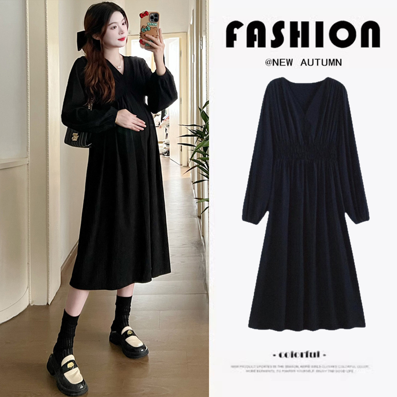Maternity Wear Autumn Dress 2026 New Style French Hepburn Style Black Long Dress Spring and Autumn Style Maternity Dress Maternity Wear Autumn Dress 2026 New Style French Hepburn Style Black Long Dress Spring and Autumn Style Maternity Dress