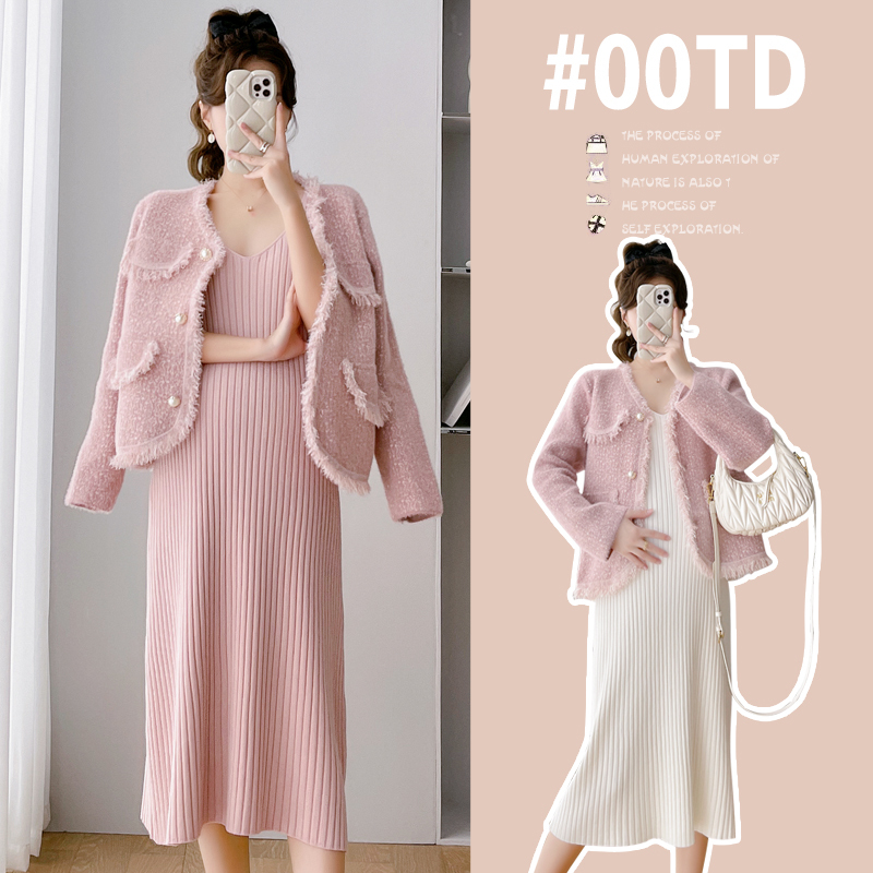 Maternity Wear Autumn Dress 2026 New Fashion Set Knitted Tweed Style Sweater Dress Spring and Autumn Two-Piece Set