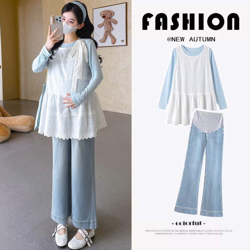 Maternity Spring Outfit Set, Fashionable, Stylish, Casual, Loose-Fitting Embroidered Blouse, Long-Sleeved Top, Spring and Autumn Two-Piece Set