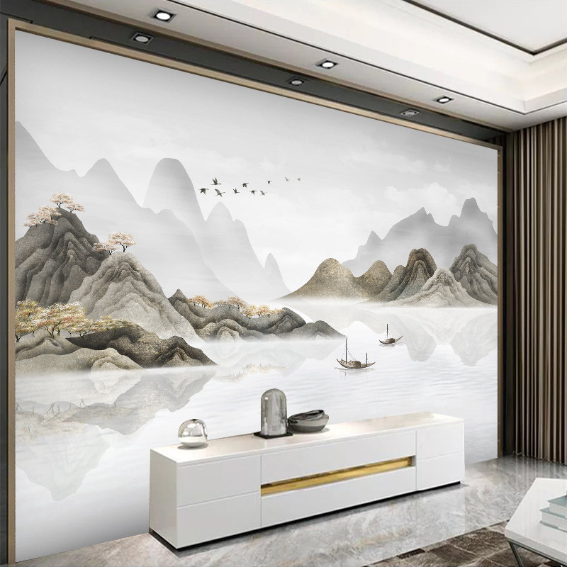 New Chinese sofa TV background wallpaper living room film and television wall covering modern abstract murals landscape painting artistic conception wall covering