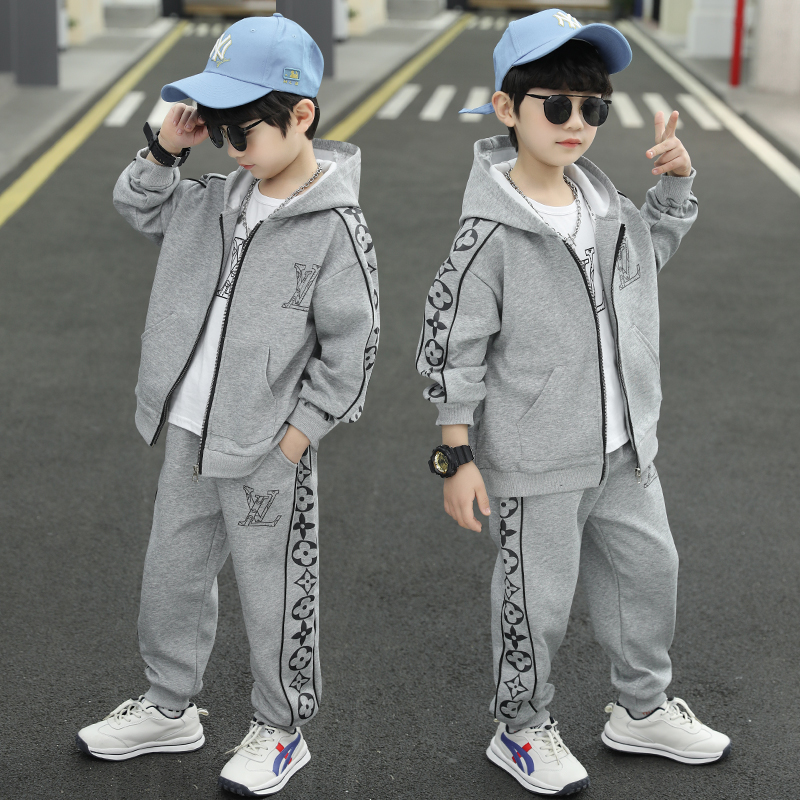 Boys suit 2021 new trendy western style children's spring and autumn sports three-piece suit big boy cotton hooded two-piece suit