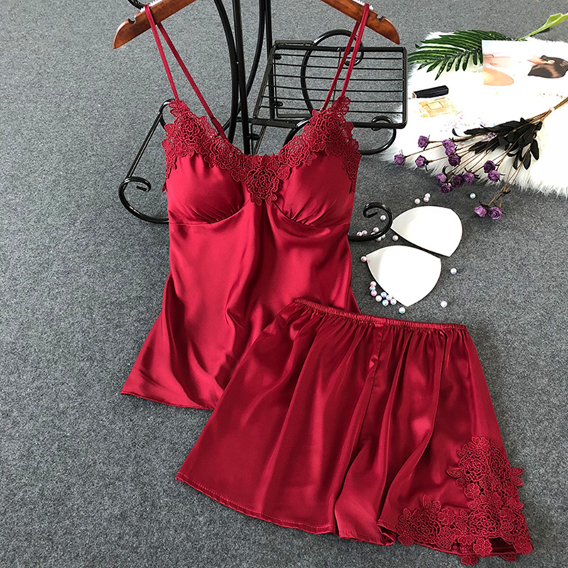 Sexy nightdress woman summer ice silk gathers small bras and hot adult with bra suspension shorts two sets