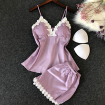 New pajamas female summer sexy nightgown suspender shorts short sleeve two-piece Ice Silk Korean version loose home suit suit