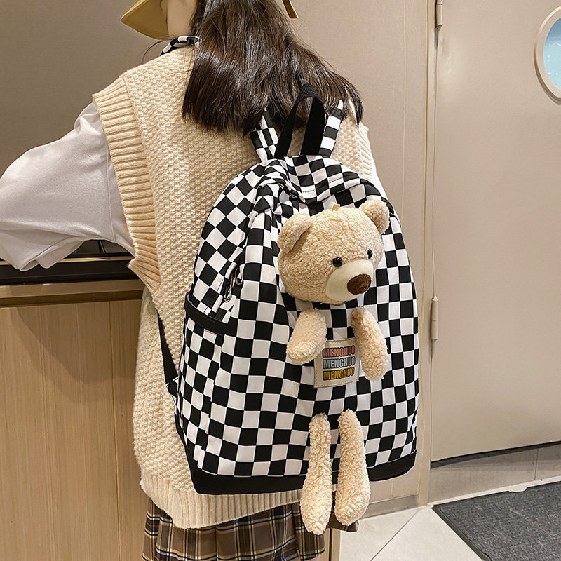 Mommy Bag 2021 New Plaid Double Shoulder Bag Fashion Large Capacity Mother & Baby Bag Cartoon Big Bear Foreign School Bag