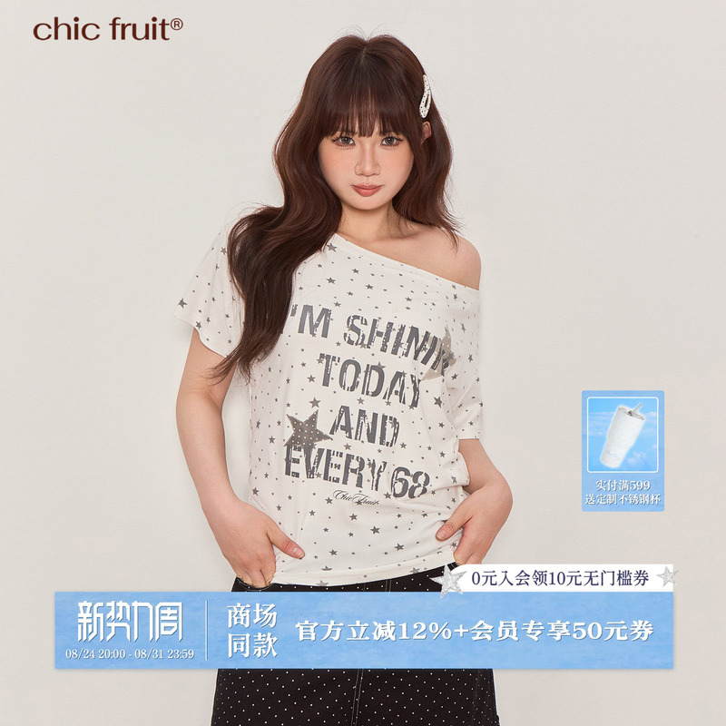 Chic Fruit Plus-Size Women's Printed Short-Sleeve T-Shirt, Large Size, Fat Mm, Tummy-Covering Summer Top with Slanted Shoulders Chic Fruit Plus-Size Women's Printed Short-Sleeve T-Shirt, Large Size, Fat Mm, Tummy-Covering Summer Top with Slanted Shoulders