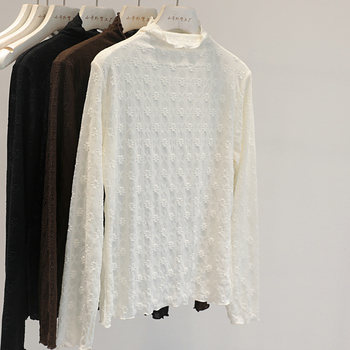 Elegance Is Easy to Achieve! Half-High Collar Jacquard Lace Base Shirt for Women, Exquisite and Versatile Long-Sleeve Inner Top