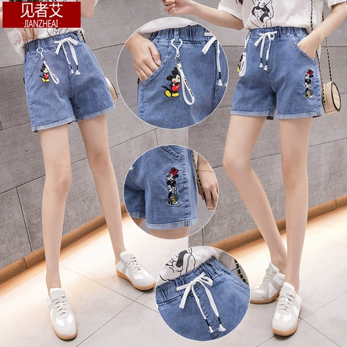 Джинсовая юбка, шорты, мультяшные штаны для школьников, эластичная талия, сезон 2021, в корейском стиле, с вышивкой, свободный прямой крой, высокая талия