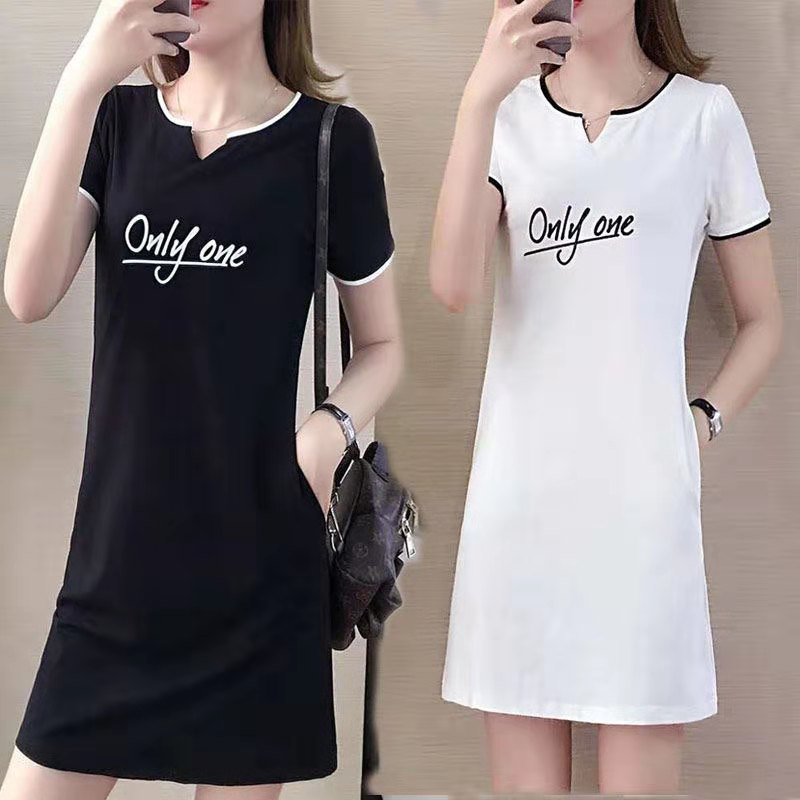 Tide Cards Big Size Women's Dress 2022 Summer New Fat Sister Casual Foreign Dress Women's Slim Straight Sleeve Short Sleeves Skirt