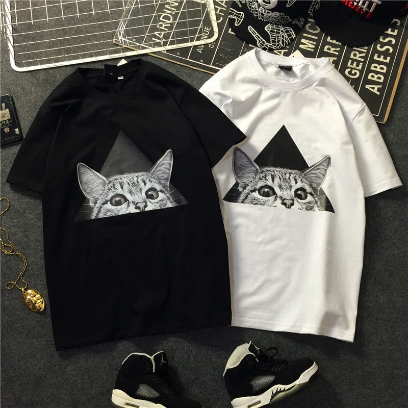 Tide Cards 2021 Summer New Street Hip Hop Cartoon Cat Men and women Men's Clothing Pure Cotton Short Sleeve T-shirt Slats