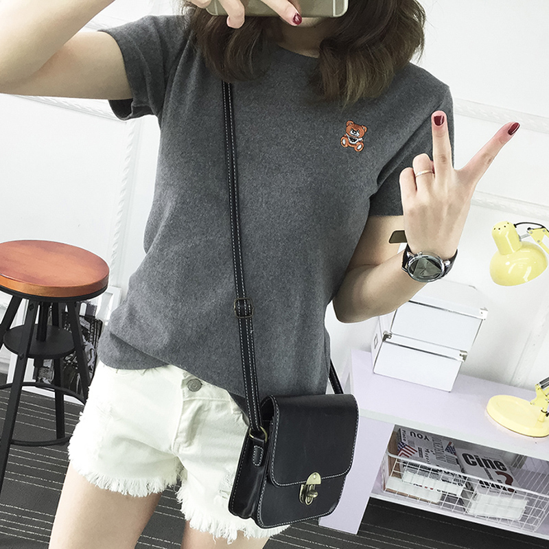 Tide brand 2020 spring and autumn new Korean version cotton short-sleeved T-shirt women's slim bottoming shirt bear brushed thick top