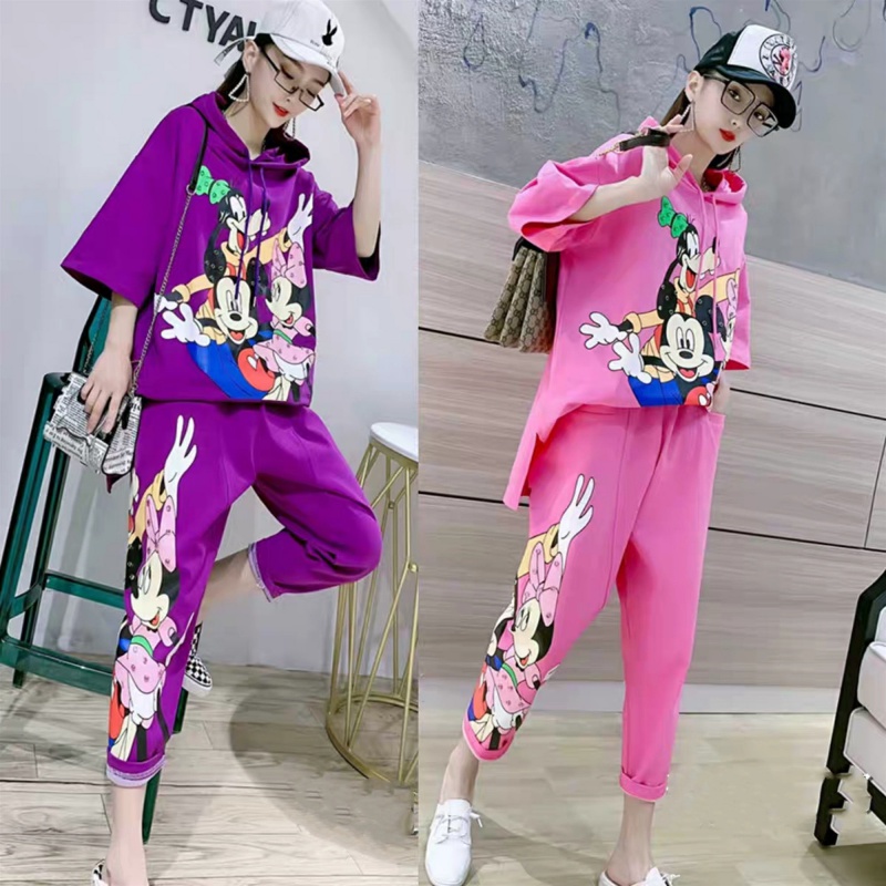 Tide Card Casual Sports Suit Women 2021 Spring Fashion Hip-hop Personality Tandem Hat Short Sleeve Kharen Pants Two Sets