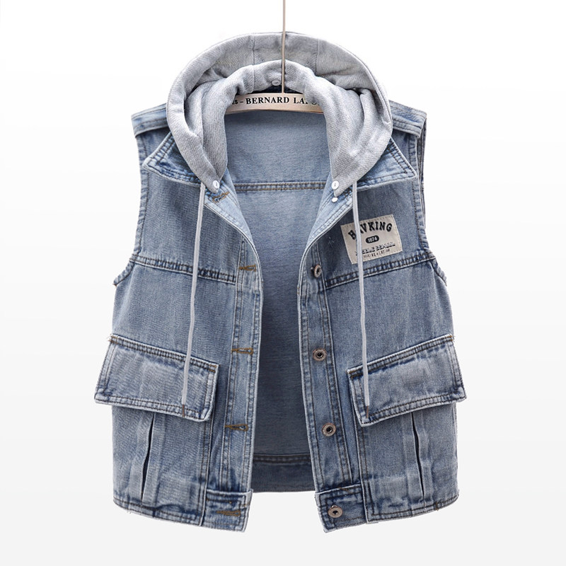 Tide brand patch hooded denim vest women's short section 2022 spring new fashion vest vest vest shoulder top